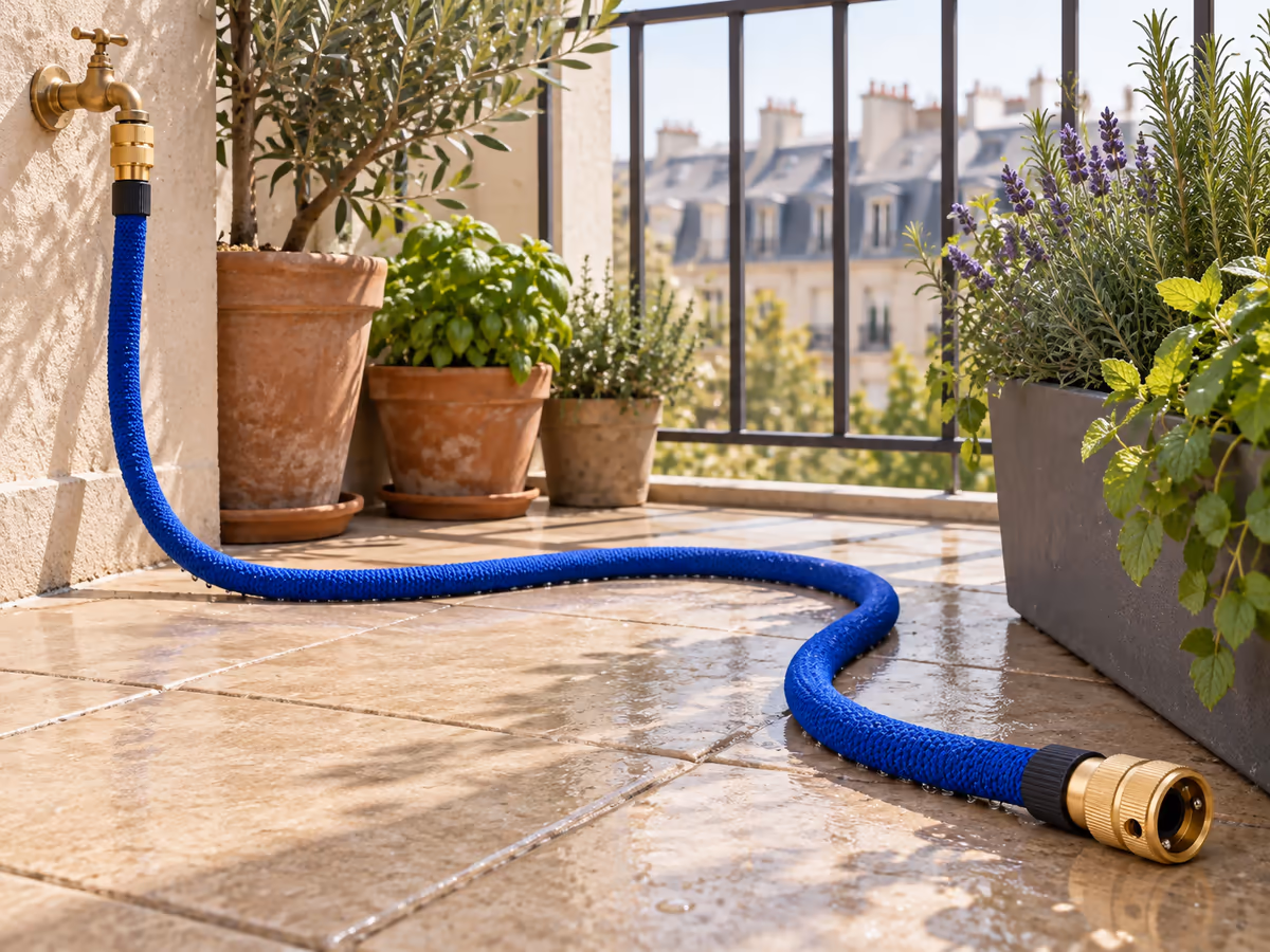 Gaine extensible bleue en eau, déployée en courbe lâche depuis un robinet de balcon jusqu'à une jardinière, sans point de tension visible