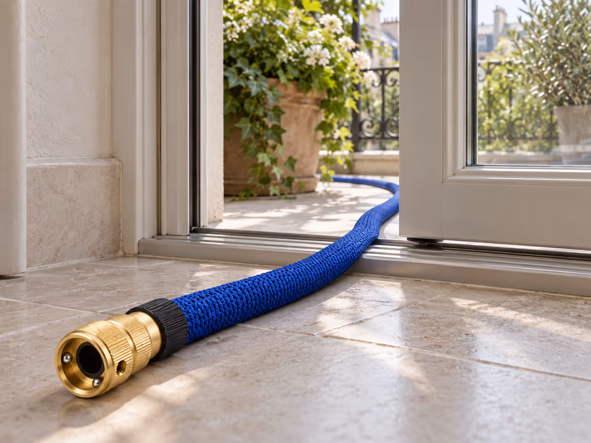 Gaine extensible posée à plat dans la feuillure d'une porte-fenêtre de balcon, ouvrant entrouvert, jardinière visible derrière la vitre
