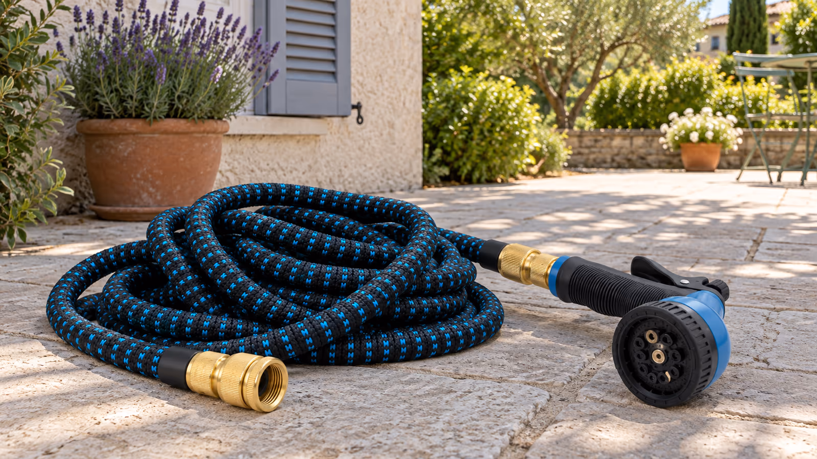 Tuyau d'arrosage extensible à raccords laiton déroulé sur une terrasse, pistolet dix jets posé à côté, mur à l'ombre en arrière-plan