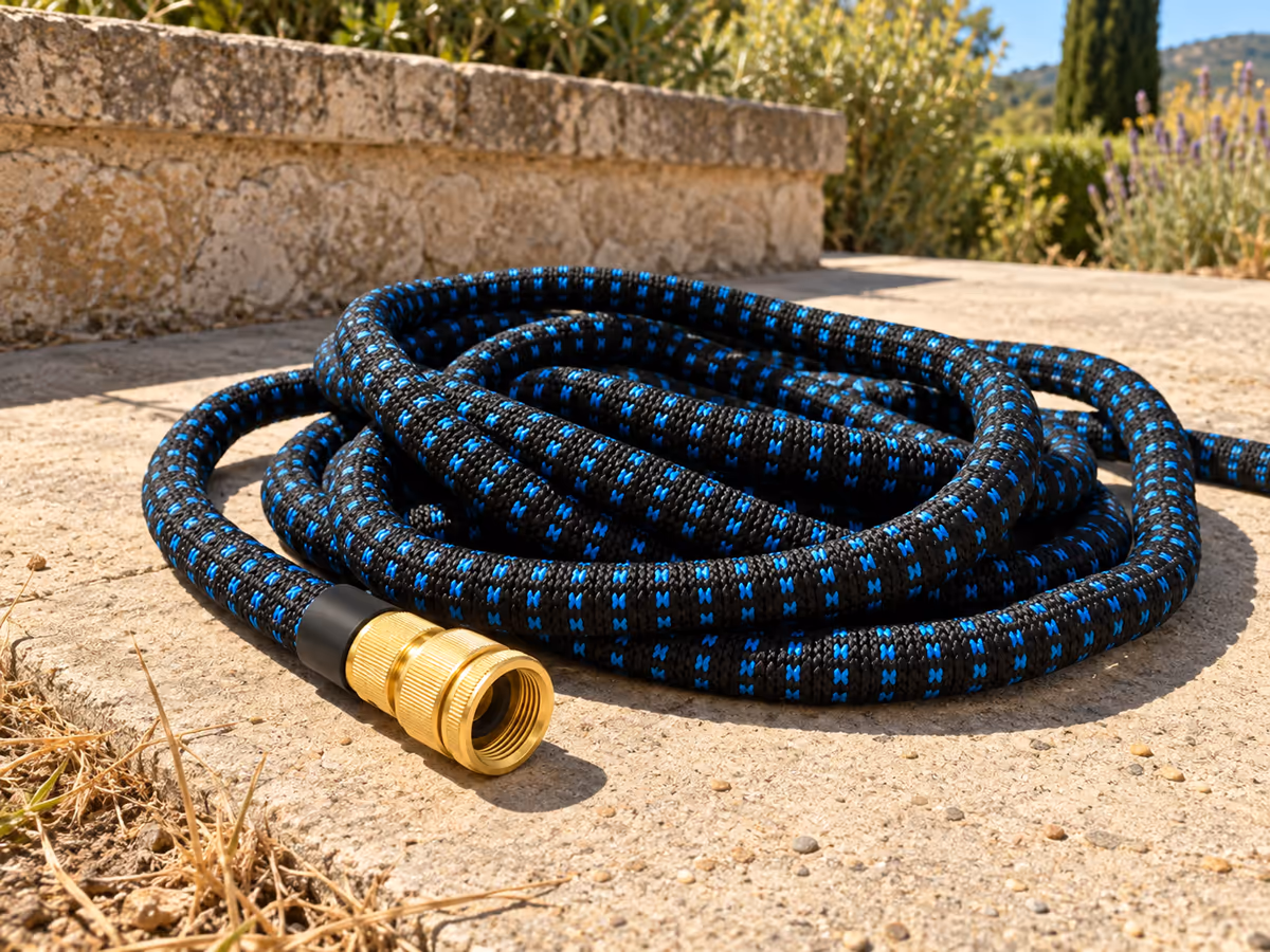 Tuyau d'arrosage bleu et noir abandonné en plein soleil sur une dalle de béton, fin d'après-midi d'été, ombre courte d'un muret