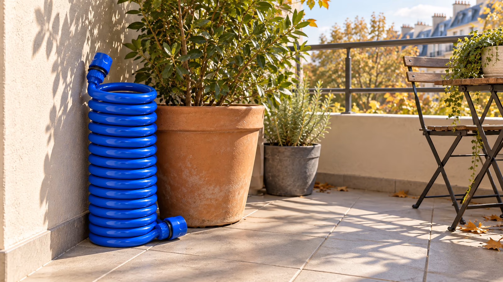 Tuyau spiralé bleu en boucles serrées au repos dans un angle de balcon carrelé, à l'ombre d'une jardinière