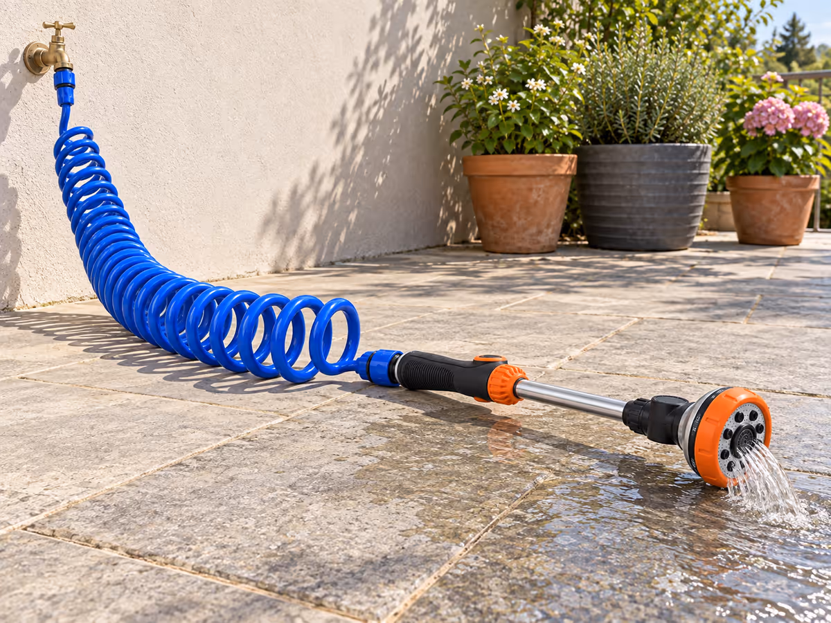 Premier jet d'eau versé sur des dalles de terrasse à l'écart de trois jardinières, tuyau spiralé bleu relié au robinet du mur