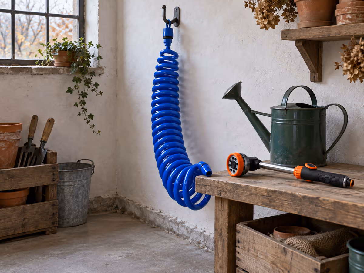 Tuyau spiralé bleu vidé et suspendu à un crochet dans un local frais, à côté d'un arrosoir et d'un pistolet d'arrosage rangés