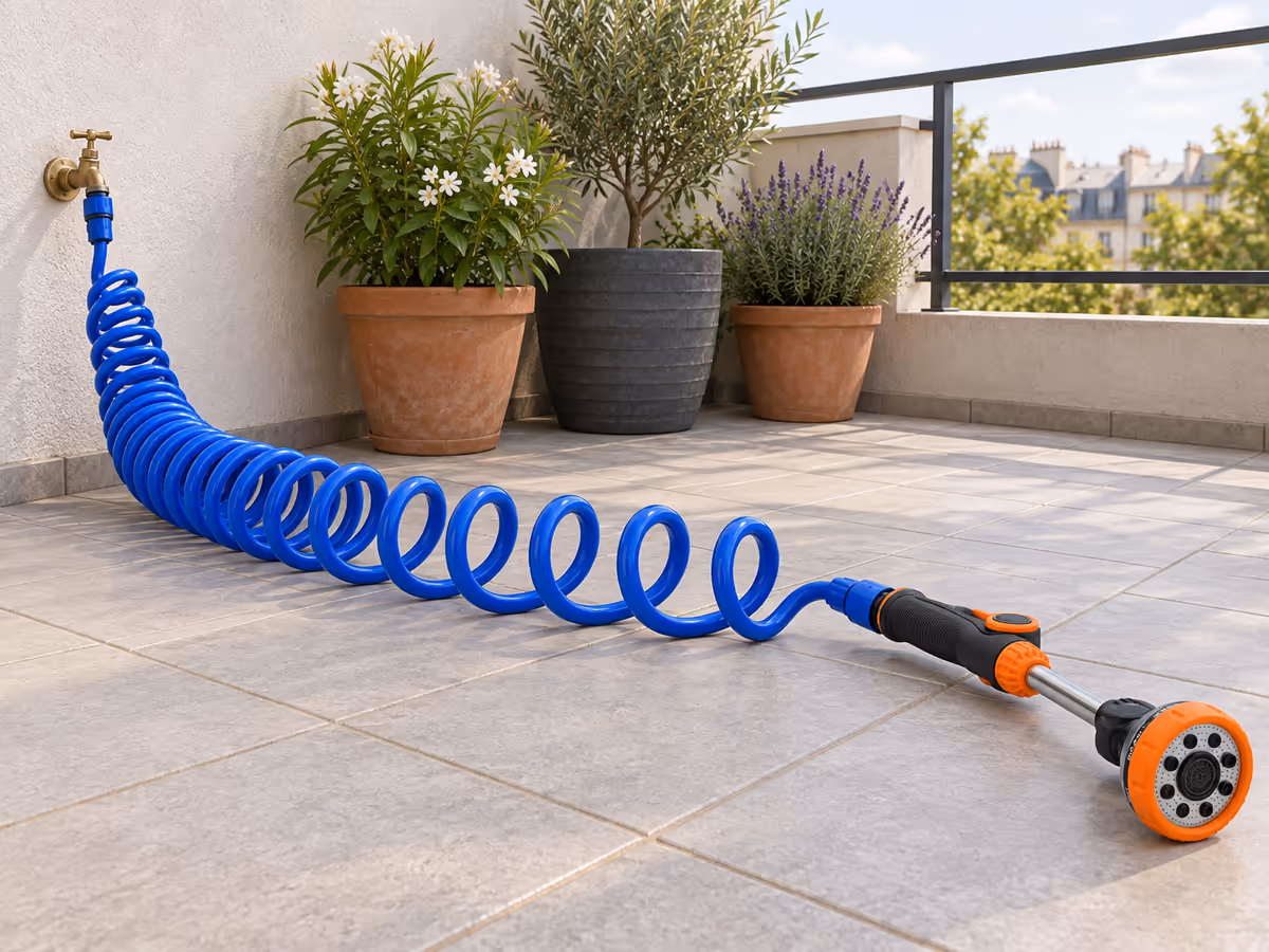 Tuyau spiralé bleu étiré en accordéon depuis un robinet de balcon, pistolet d'arrosage posé au sol près de trois jardinières