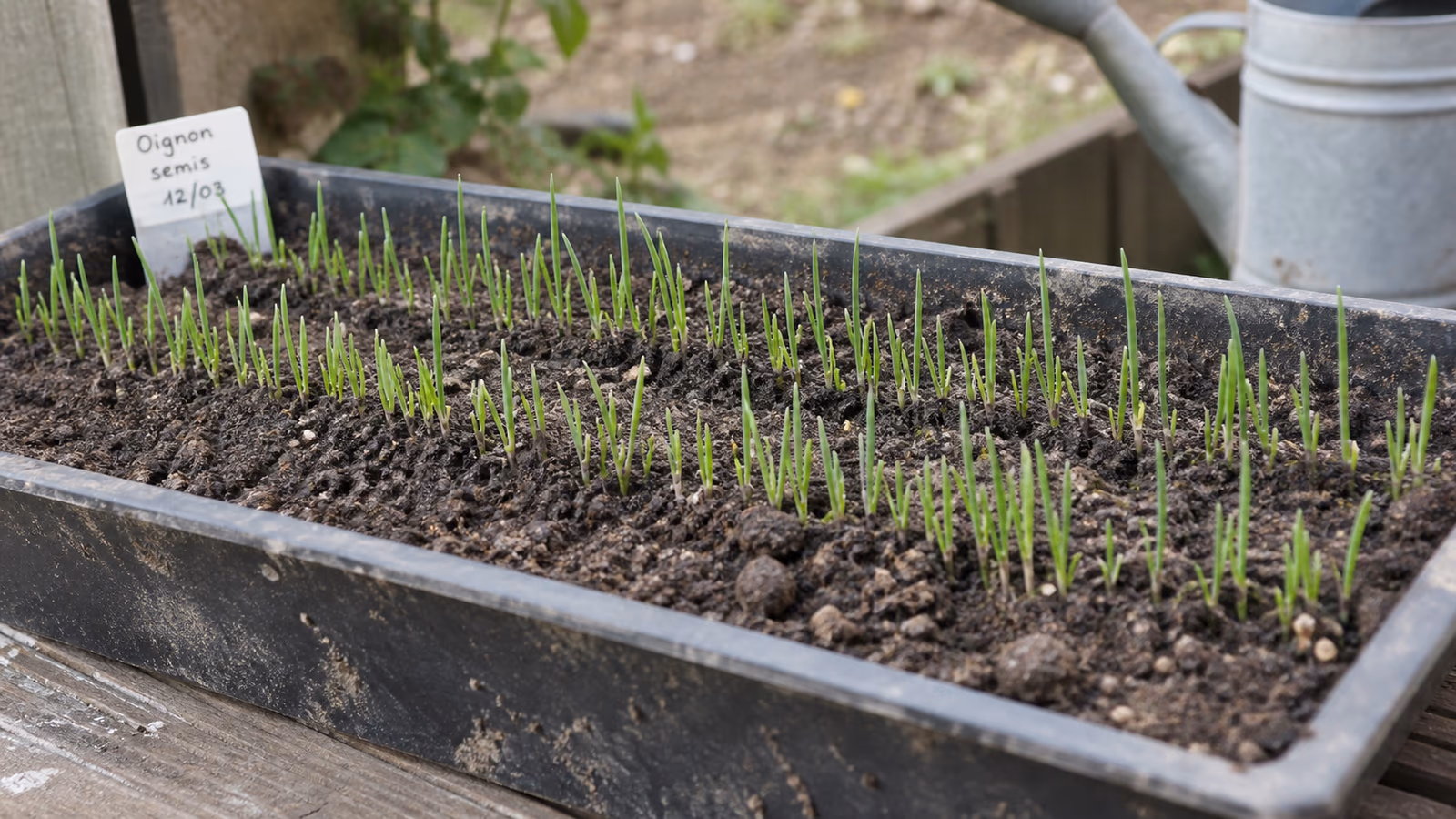 Terrine de semis d'oignons en stade crayon, jeunes plants vert tendre alignés en sillons réguliers