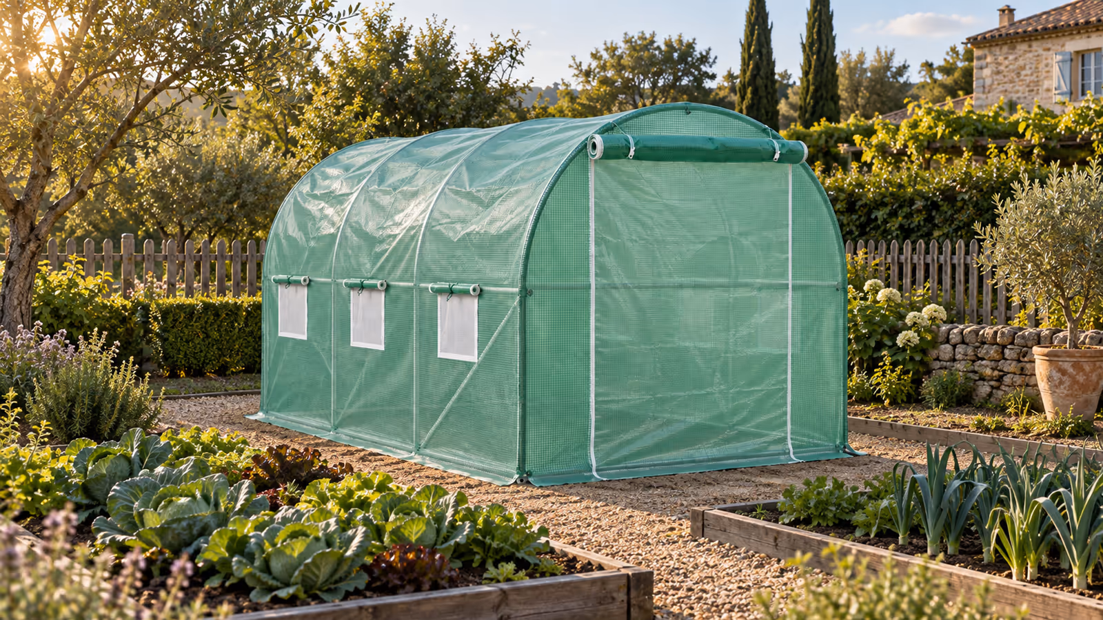 Serre tunnel de marche verte à cadre acier installée dans un potager français à la fin de l'été