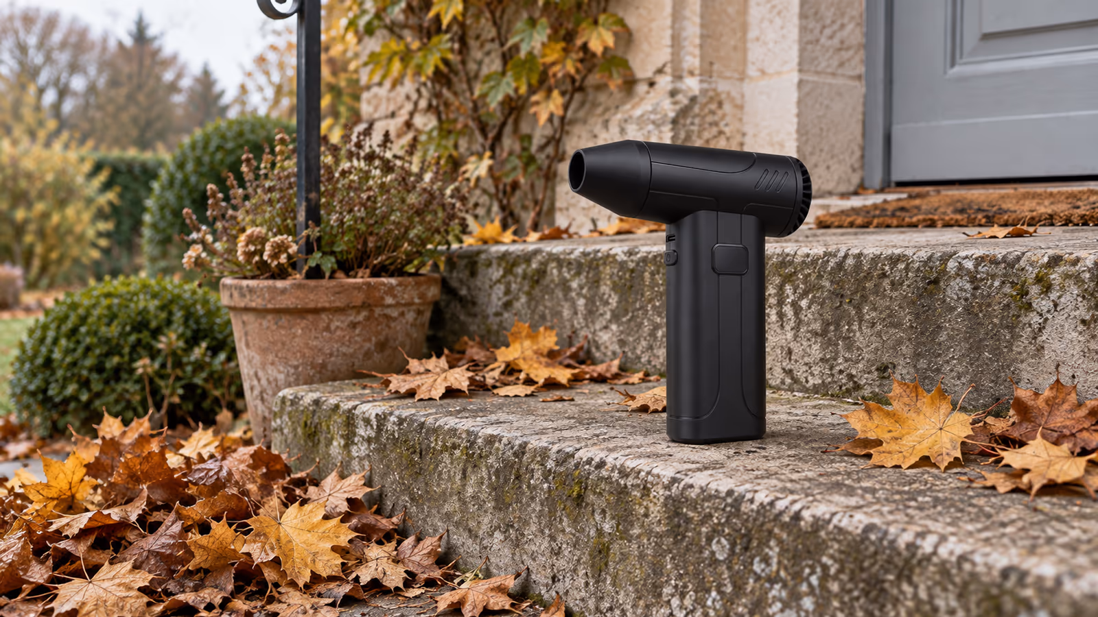 Mini souffleur de feuilles rechargeable tenu au-dessus d'un palier d'escalier extérieur jonché de feuilles mortes
