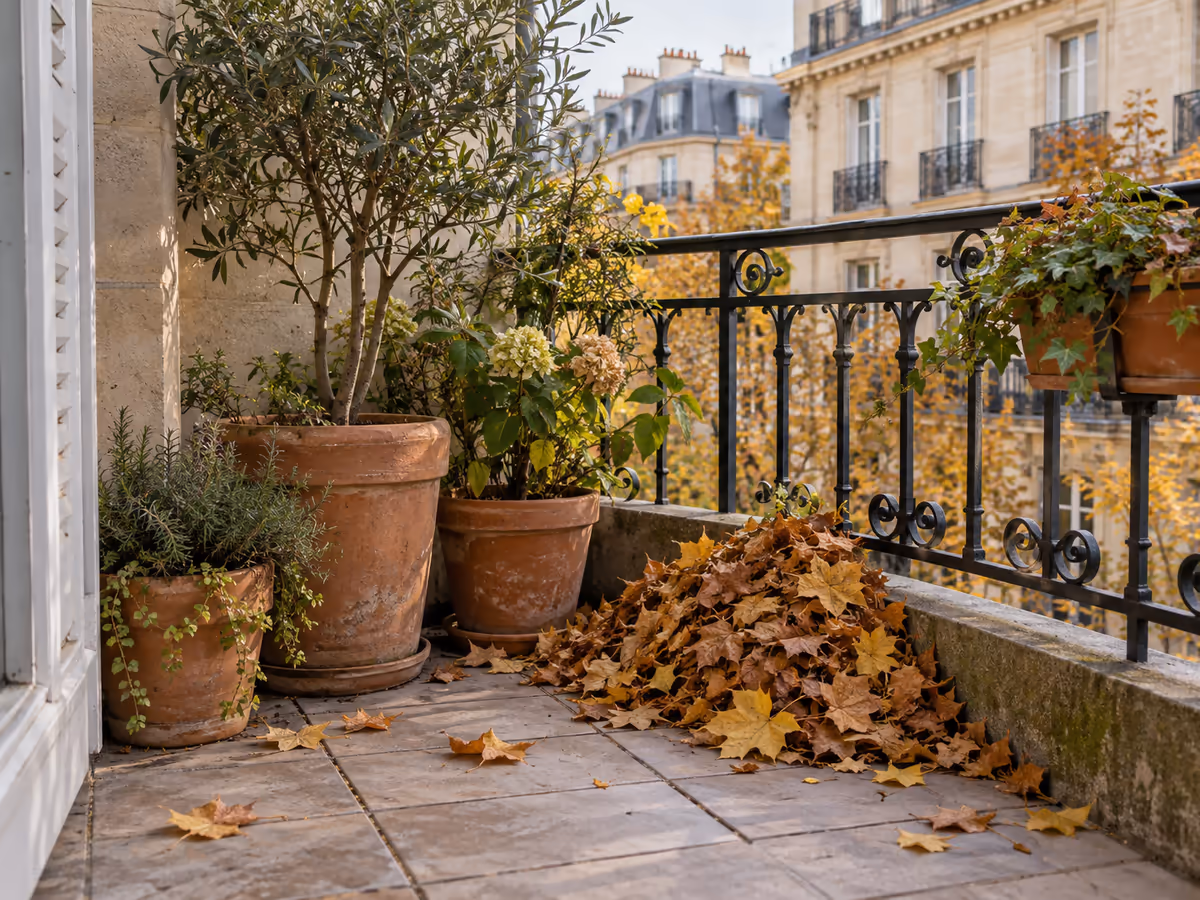 Tas de feuilles mortes rassemblé dans l'angle d'un balcon au pied de pots de fleurs, en automne