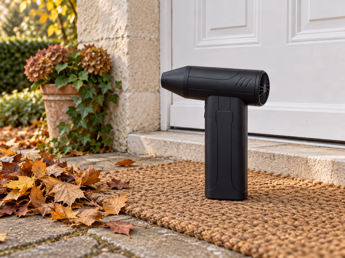 Mini souffleur noir posé sur un paillasson, seuil de porte propre, petit tas de feuilles repoussé vers l'extérieur