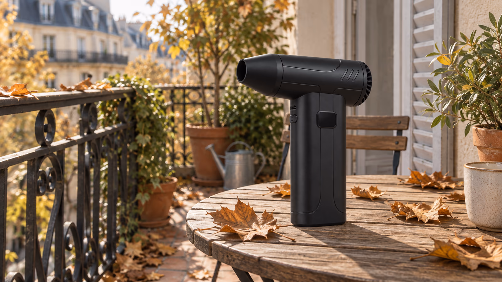 Mini souffleur de feuilles rechargeable noir mat posé sur une table de balcon, feuilles mortes éparses en arrière-plan