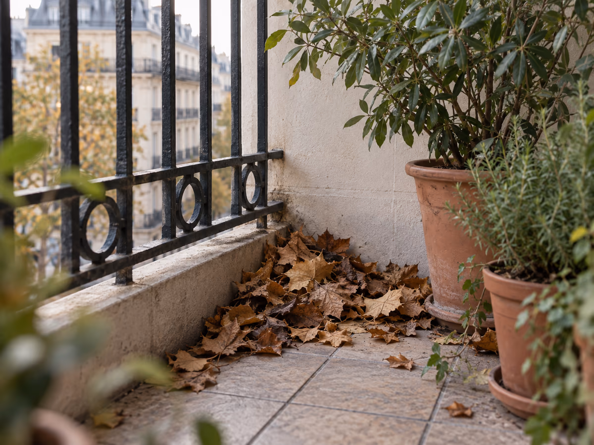 Feuilles mortes sèches accumulées dans l'angle d'un balcon, rambarde métallique et pots de plantes au premier automne