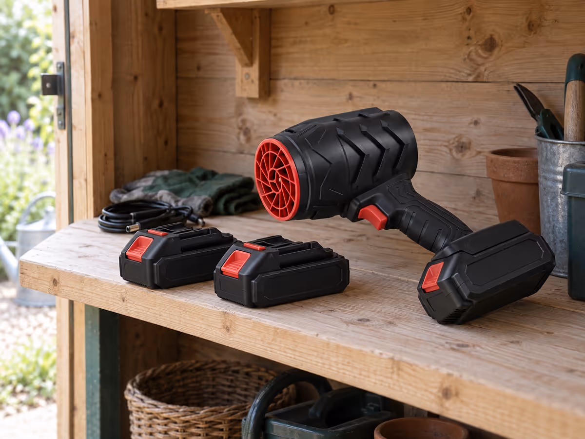 Deux batteries lithium-ion posées sur une étagère d'abri de jardin à l'ombre, souffleur compact couché à côté