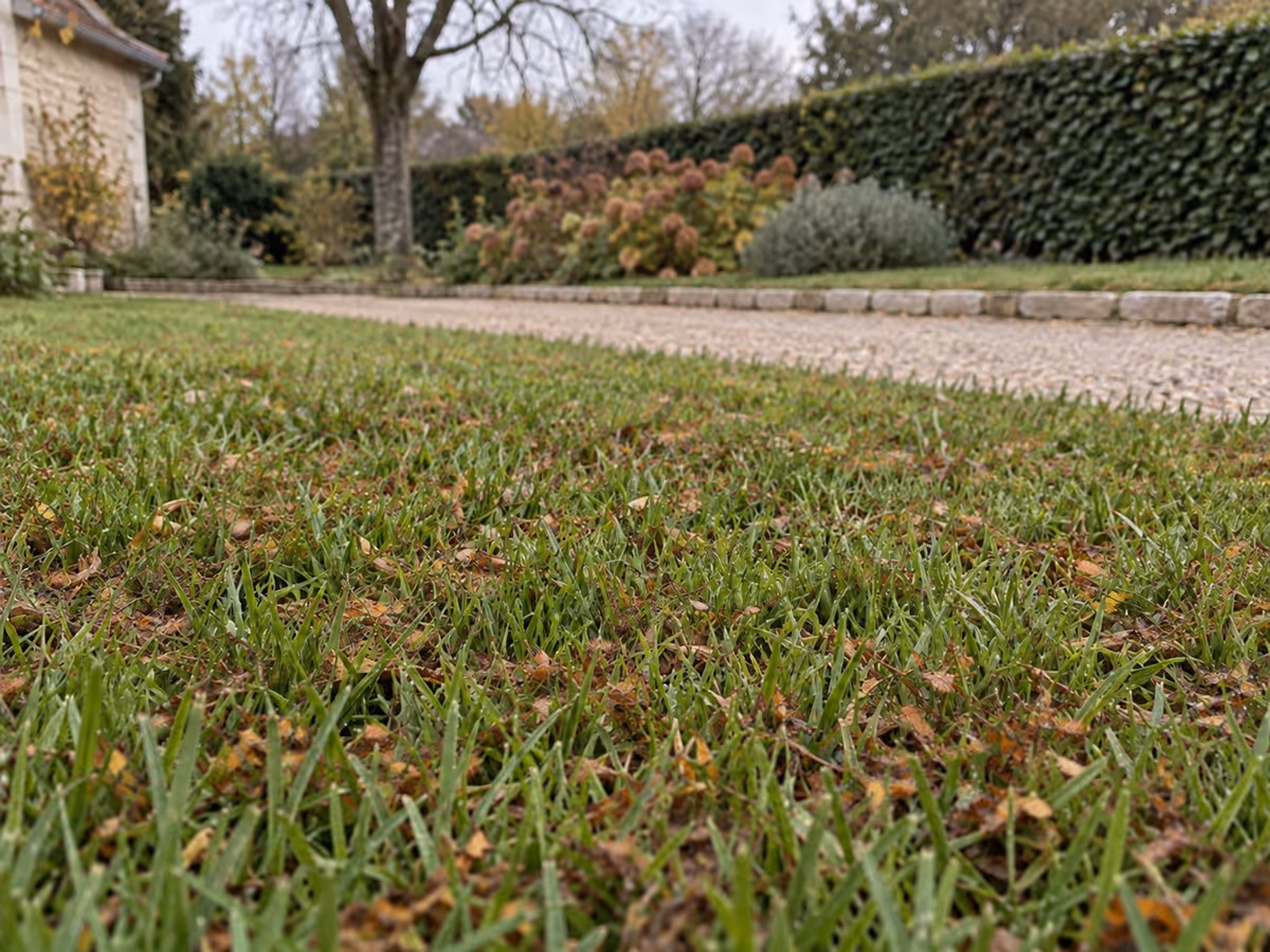 Pelouse d'automne après un passage de tondeuse, feuilles réduites en fines particules entre les brins d'herbe, allée de gravier en arrière-plan