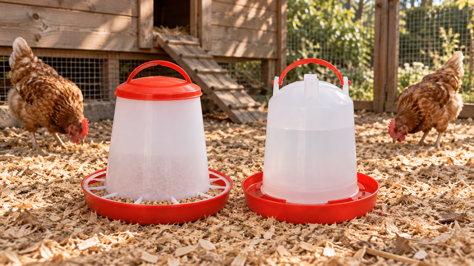 Station mangeoire et abreuvoir pour poules posée au sol d'un poulailler, deux unités plastiques écartées sur des copeaux