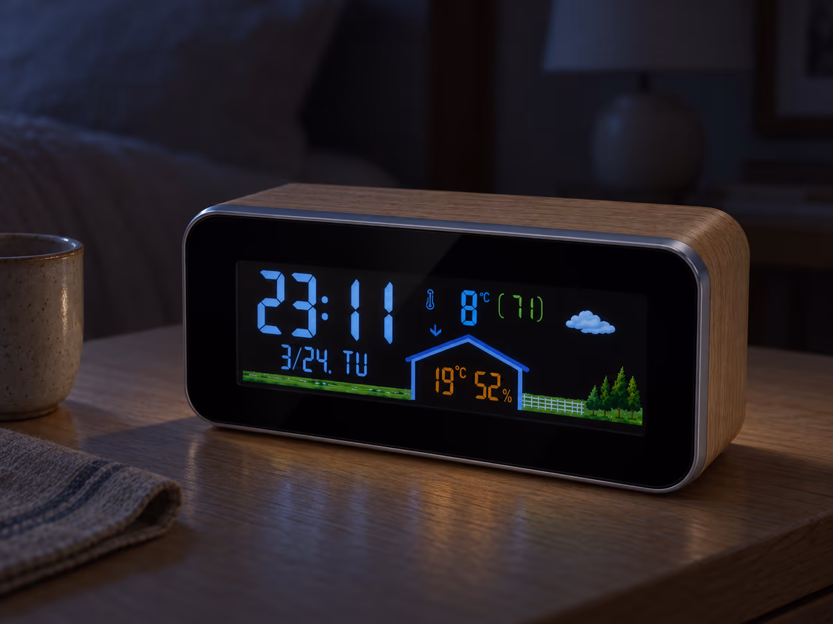 Ecran de station météo affichant heure, températures intérieure et extérieure, humidités et flèche de tendance, en lueur basse dans une chambre