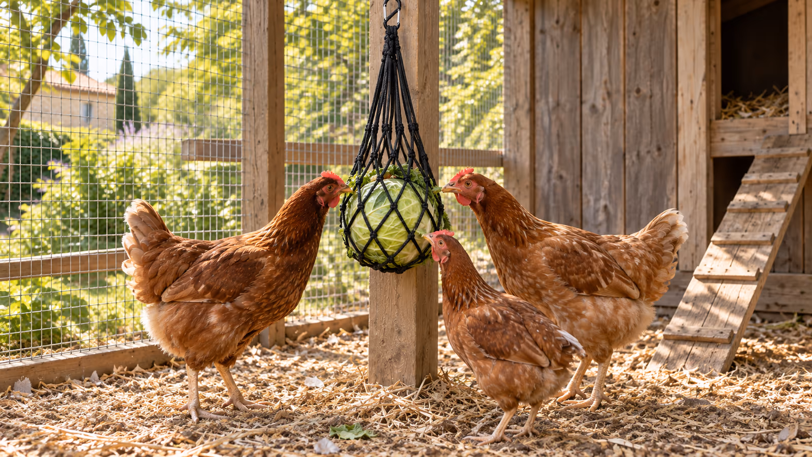 Filet noir à verdure suspendu par un mousqueton à un montant de poulailler, un chou vert dans la poche, trois poules rousses qui picorent