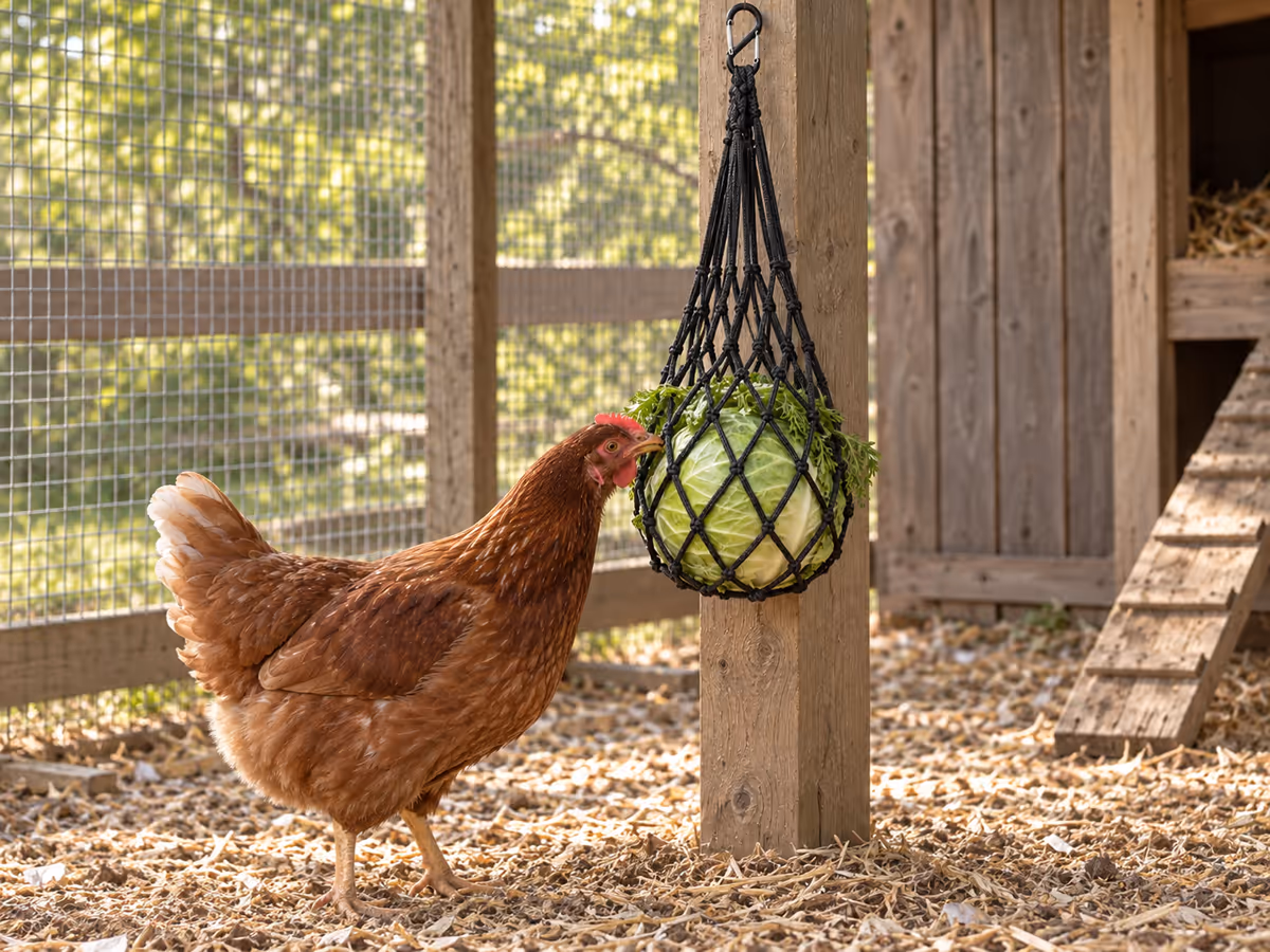 Poule rousse le cou tendu qui picore un chou suspendu dans un filet noir, la poche pendant juste au-dessus de son dos dans un poulailler aux copeaux secs