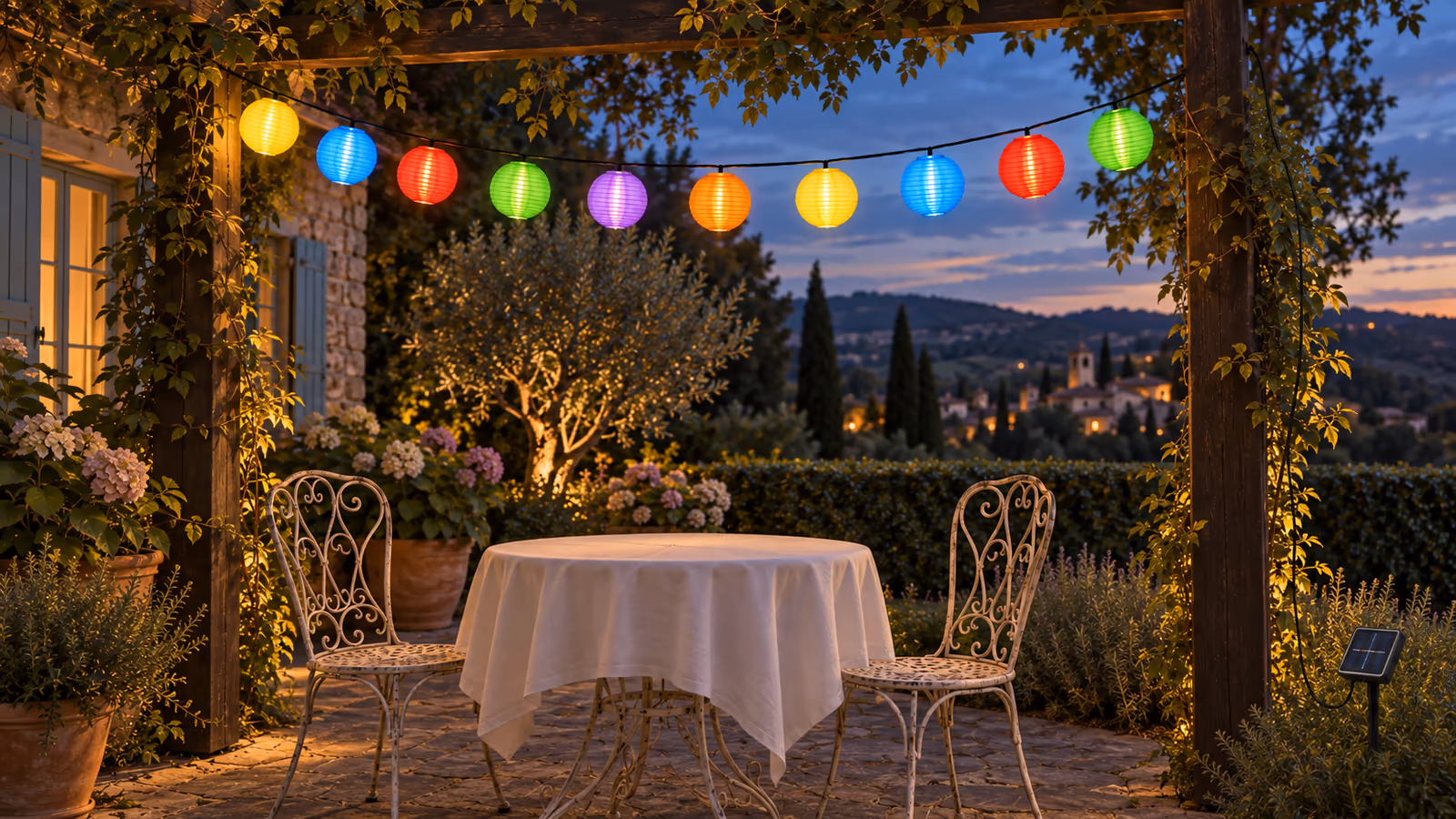 Ligne de dix lanternes de tissu colorées suspendue au-dessus d'une table de jardin en fer forgé