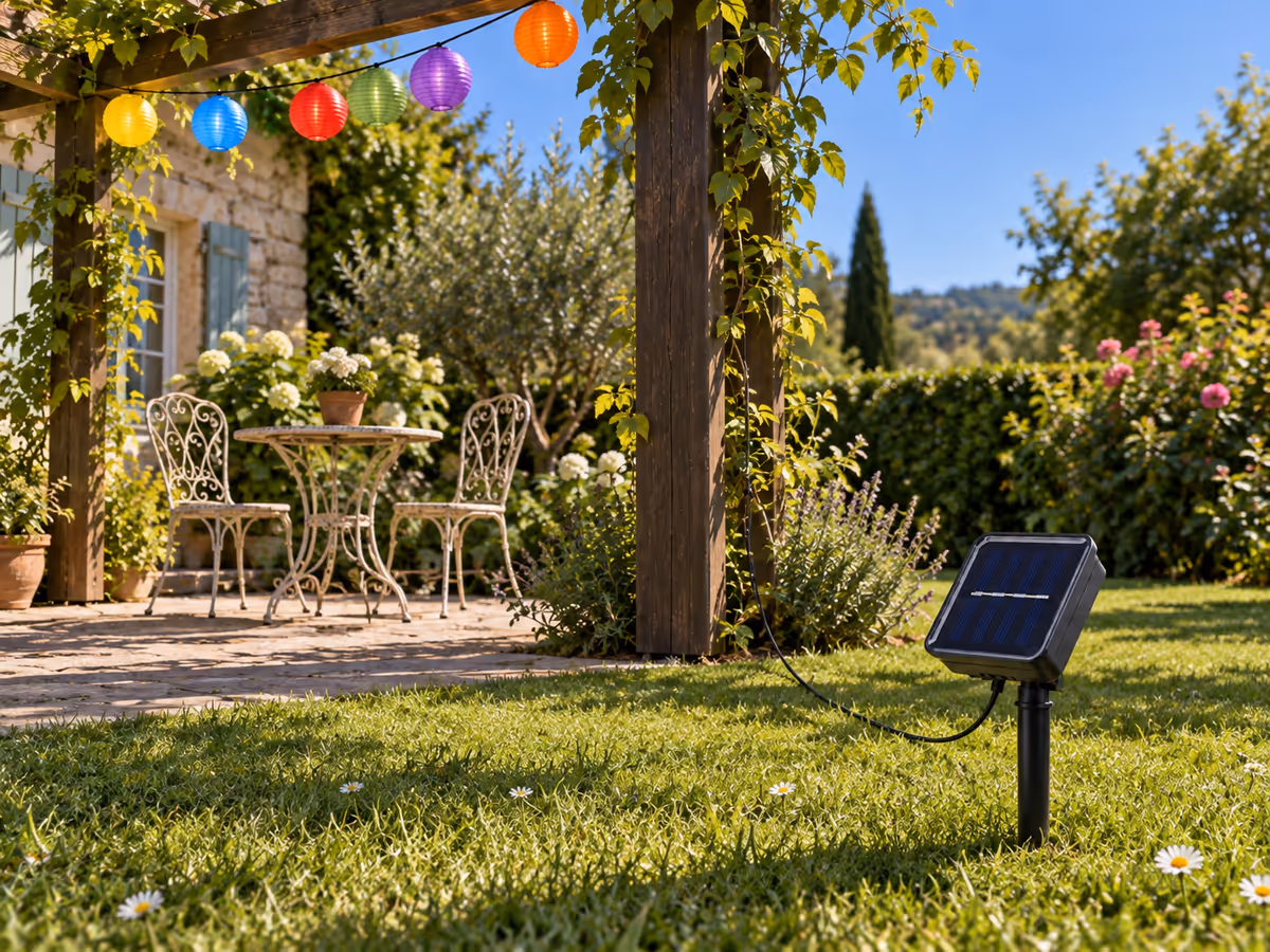 Panneau solaire planté dans l'herbe au bout d'un câble noir, face au sud, à quelques pas d'une pergola