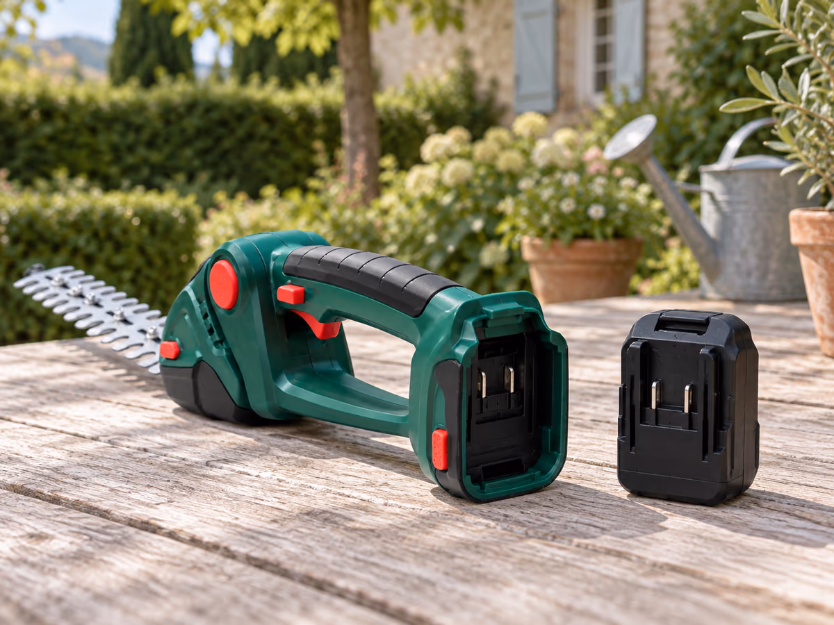 Logement de batterie ouvert sur le corps d'un taille-haie sans fil, bloc 18 V posé à côté sur une table de jardin