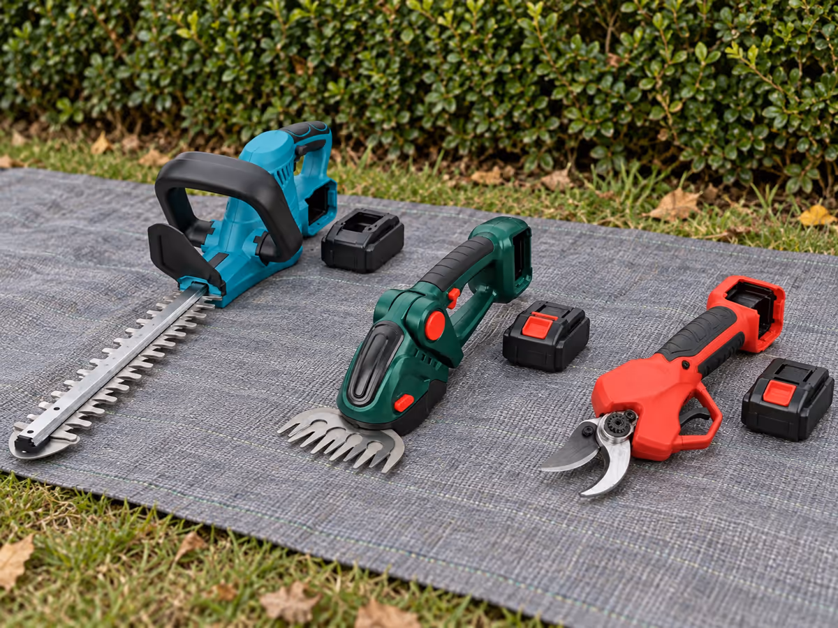 Trois outils de coupe alignés sur une bâche grise au pied d'une haie : lame longue, lame courte interchangeable et sécateur à mâchoire, batteries démontées
