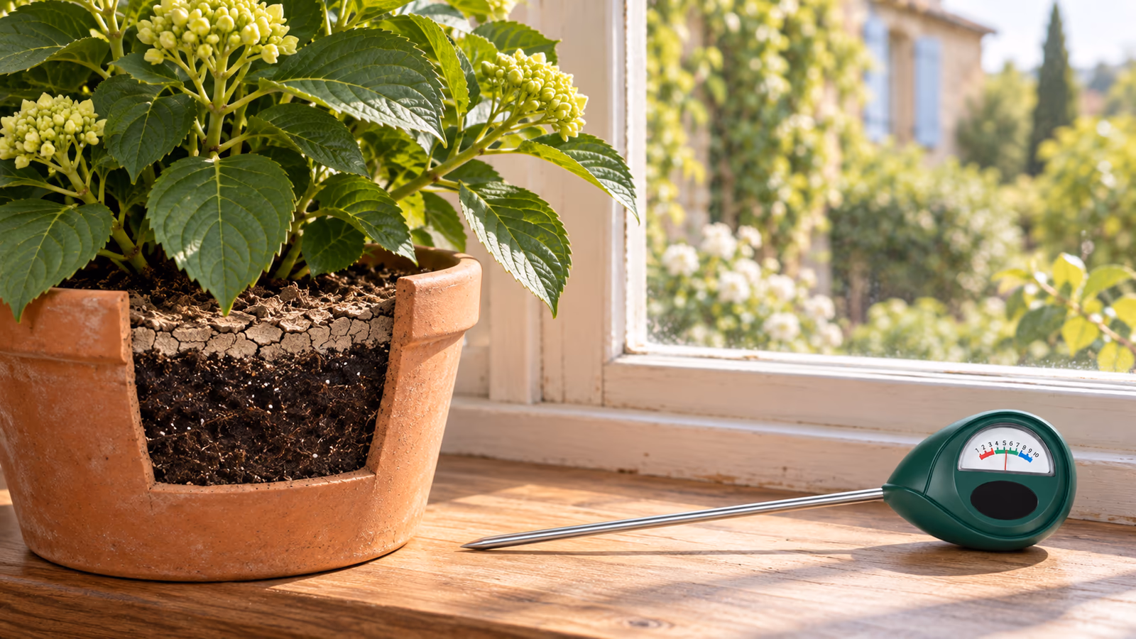 Pot de plante verte sur un rebord de fenêtre ensoleillé, surface du terreau claire et fendillée, humidimètre posé à côté