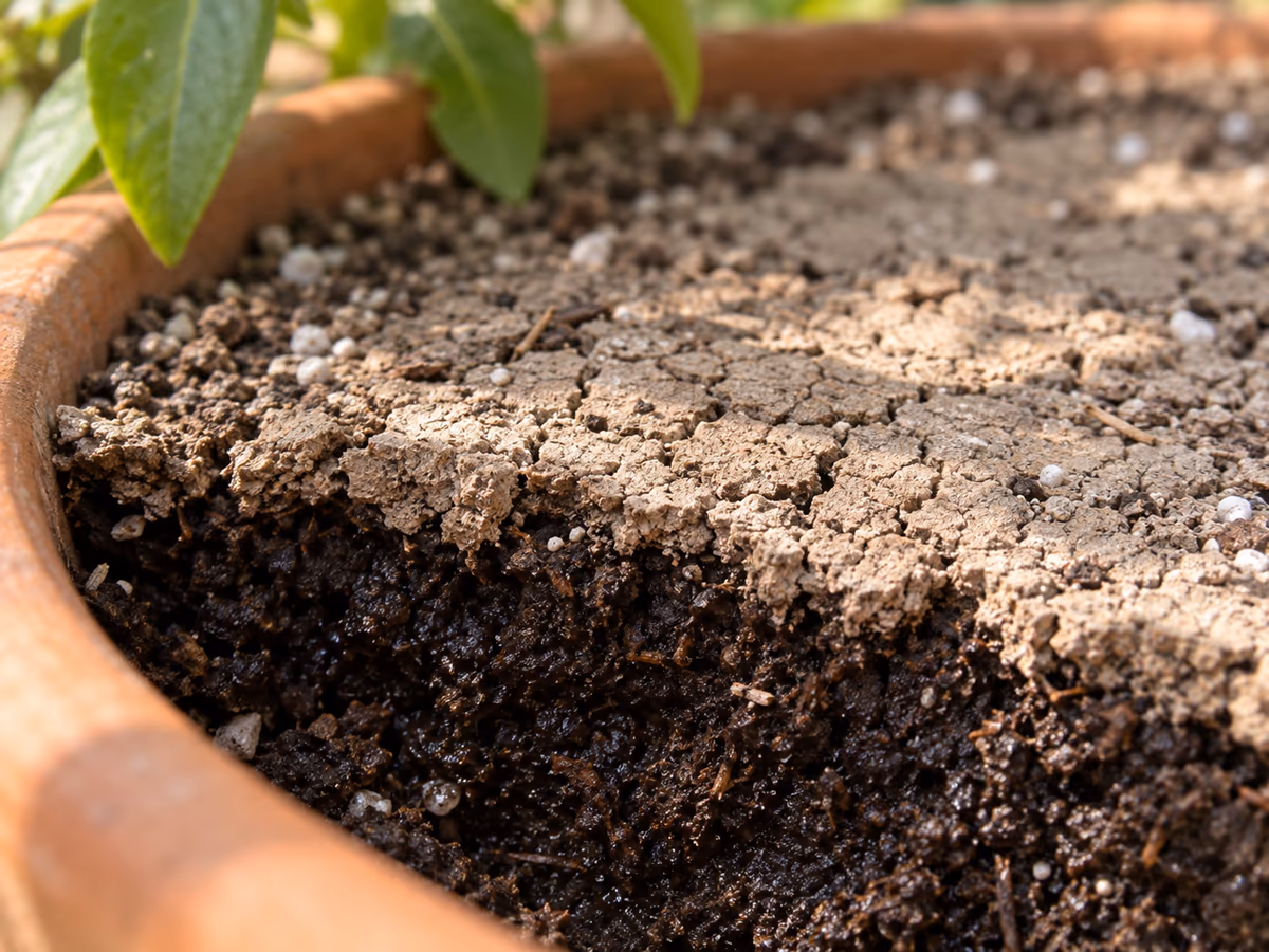 Gros plan sur le terreau d'un pot de plante verte, la surface claire et fissurée tranche avec la terre sombre et humide visible plus bas