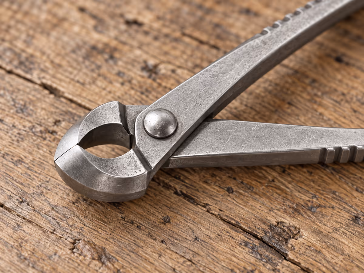 Détail d'une tête de sécateur en acier inoxydable brossé, rivet central et bras à stries, posée sur une table de bois