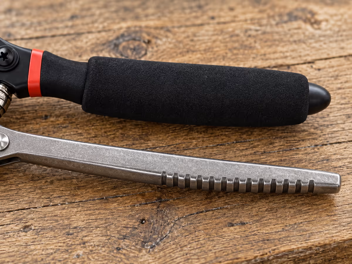 Deux poignées de sécateurs posées sur une table de bois, l'une gainée de mousse noire, l'autre en acier brossé à stries