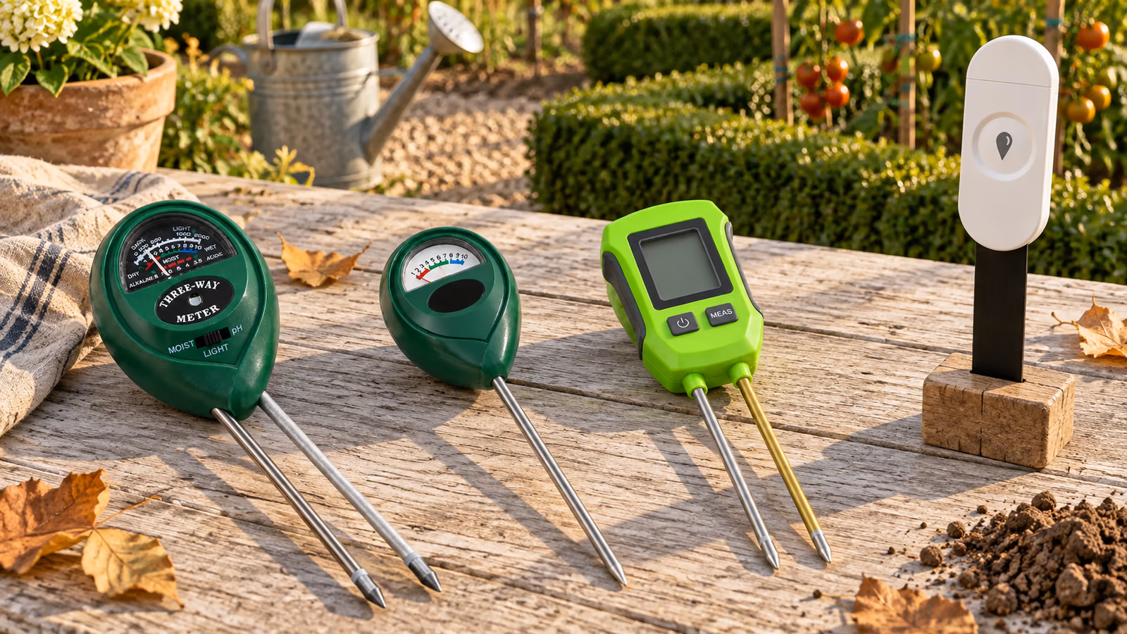 Quatre appareils de mesure du sol alignés sur une table de jardin en bois, cadran à aiguille, tige unique, écran numérique et boîtier connecté