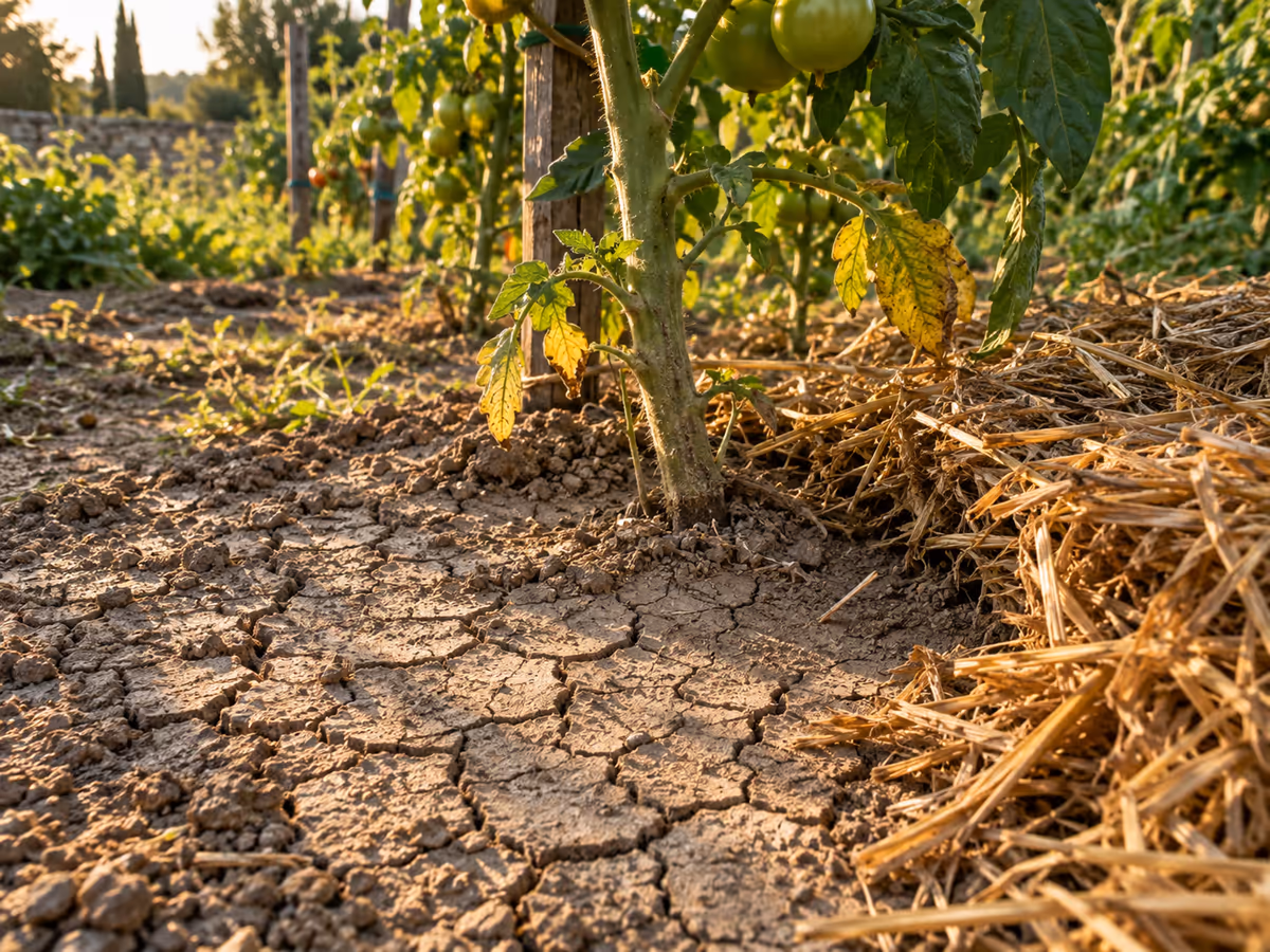 Pot de terreau sec et craquelé en surface au pied d'un plant de tomate, paillage retiré sur quelques centimètres, lumière rasante de fin d'après-midi