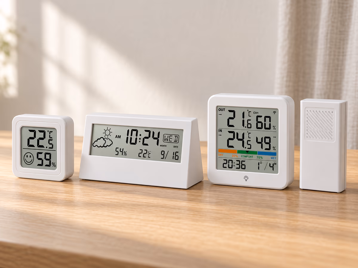 Trois thermomètres hygromètres alignés sur une table en bois, un bandeau transparent avec horloge au centre, un petit boîtier carré à gauche, un modèle à sonde à droite
