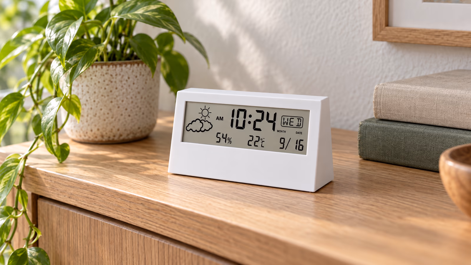 Bandeau transparent posé sur une console en bois clair, affichant l'heure en grands chiffres avec la température et le taux d'humidité