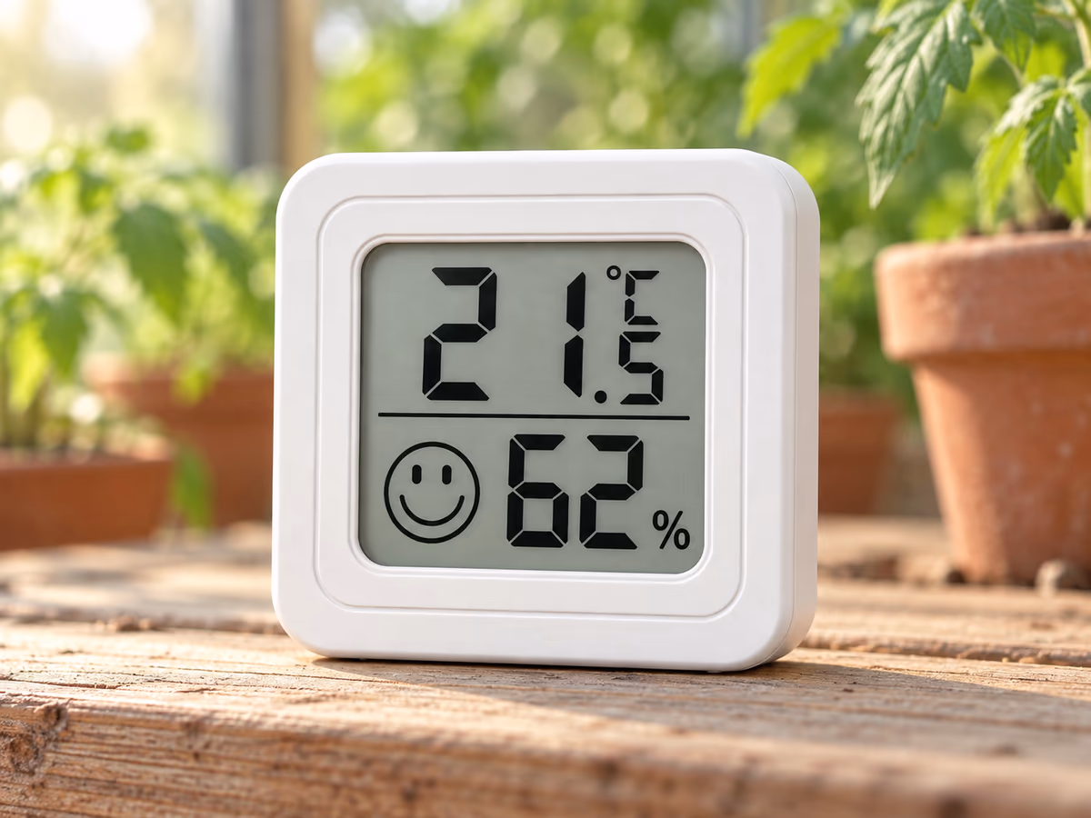 Gros plan sur l'écran d'un mini thermomètre hygromètre blanc affichant la température, le taux d'humidité et une petite frimousse d'indicateur de confort