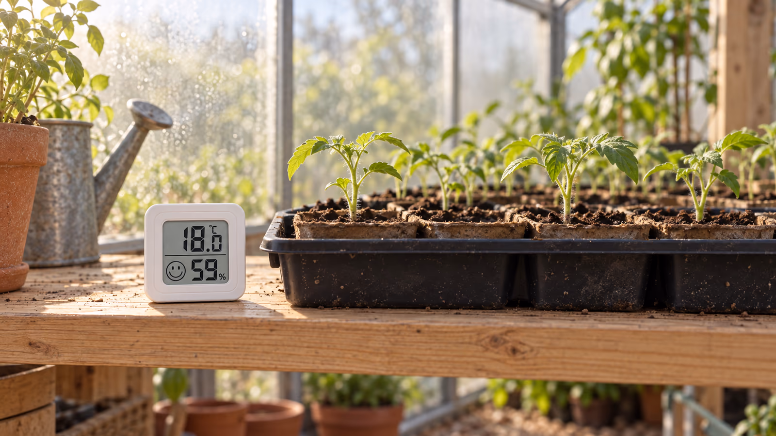 Mini boîtier blanc à écran posé sur une étagère en bois clair de serre, à hauteur d'un plateau de semis rempli de godets