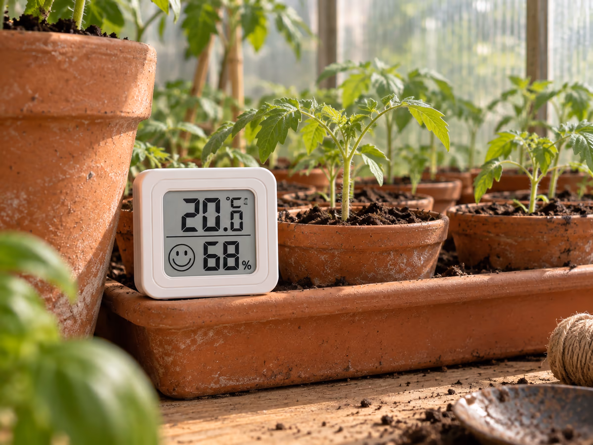 Mini thermomètre hygromètre blanc posé sur le bord d'un plateau de semis en terre cuite, à côté de jeunes plants de tomate, sous la lumière d'une serre