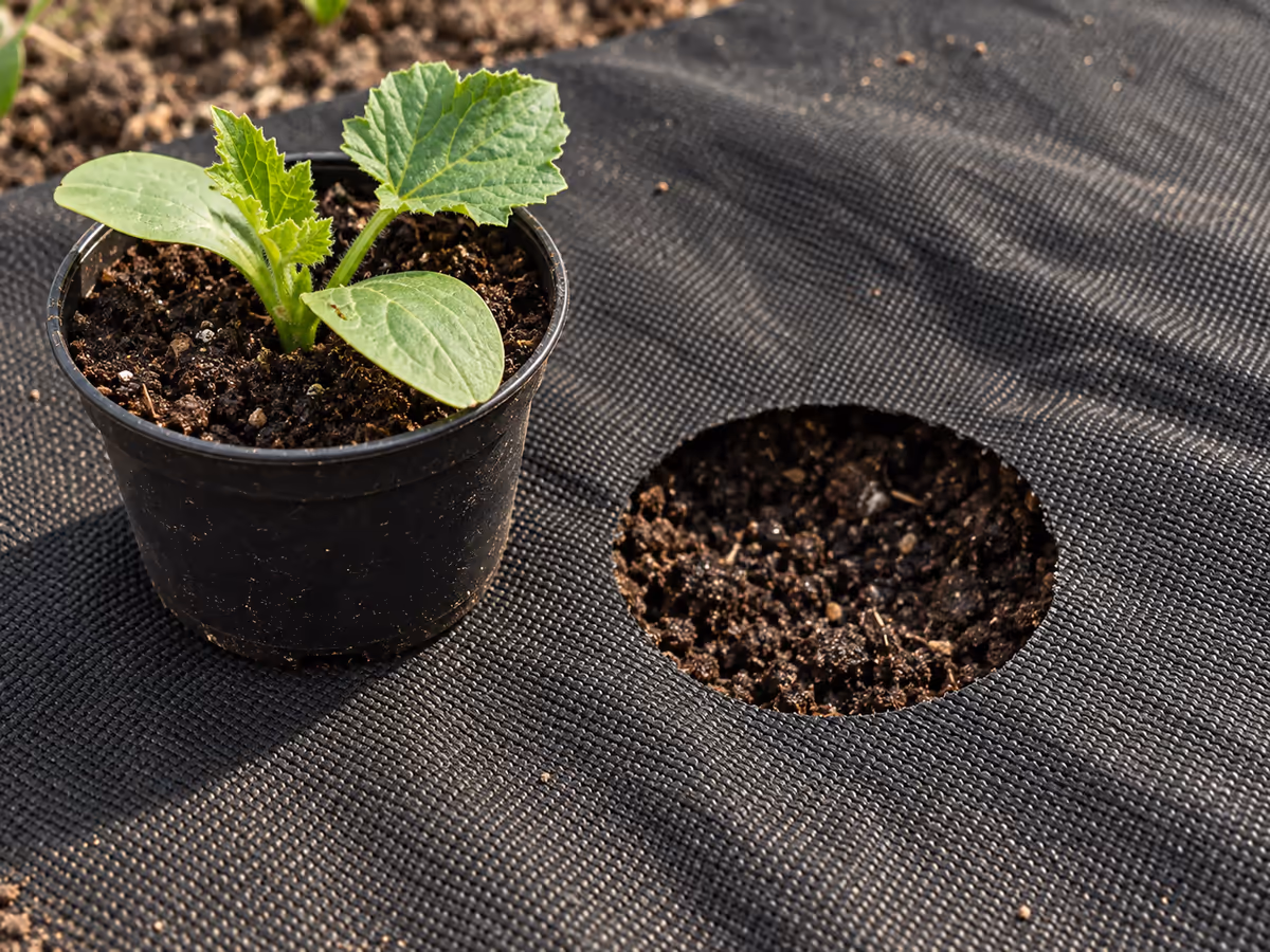 Gros plan sur un trou de plantation de 8 cm dans la toile noire, maille tissée visible autour