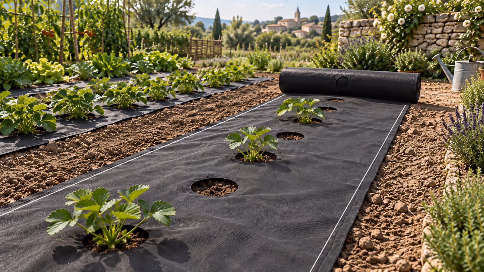 Rouleau de toile de paillage perforée noire déroulée sur un rang de potager, trous alignés sur la ligne de plantation