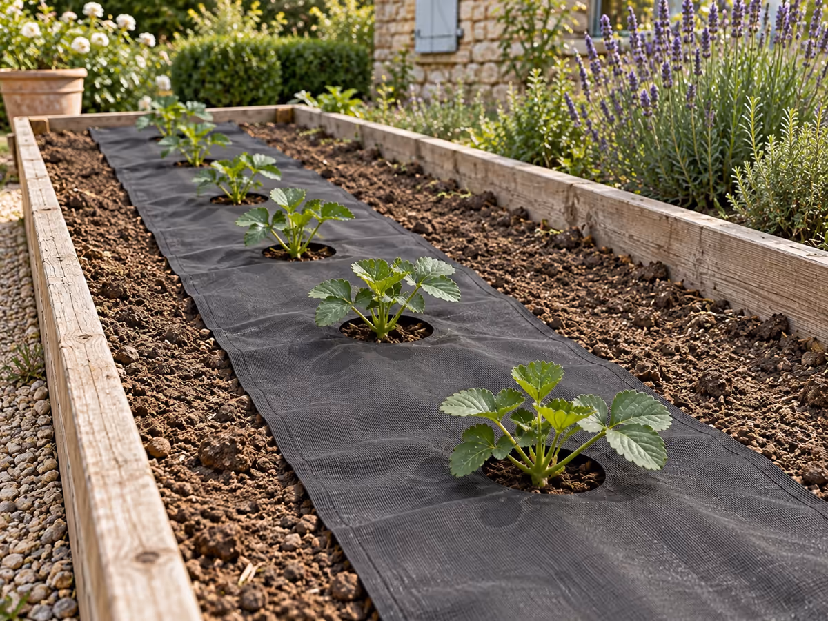 Rang de fraisiers plantés dans une toile de paillage perforée, trous alignés sur le rang, petits plants en place