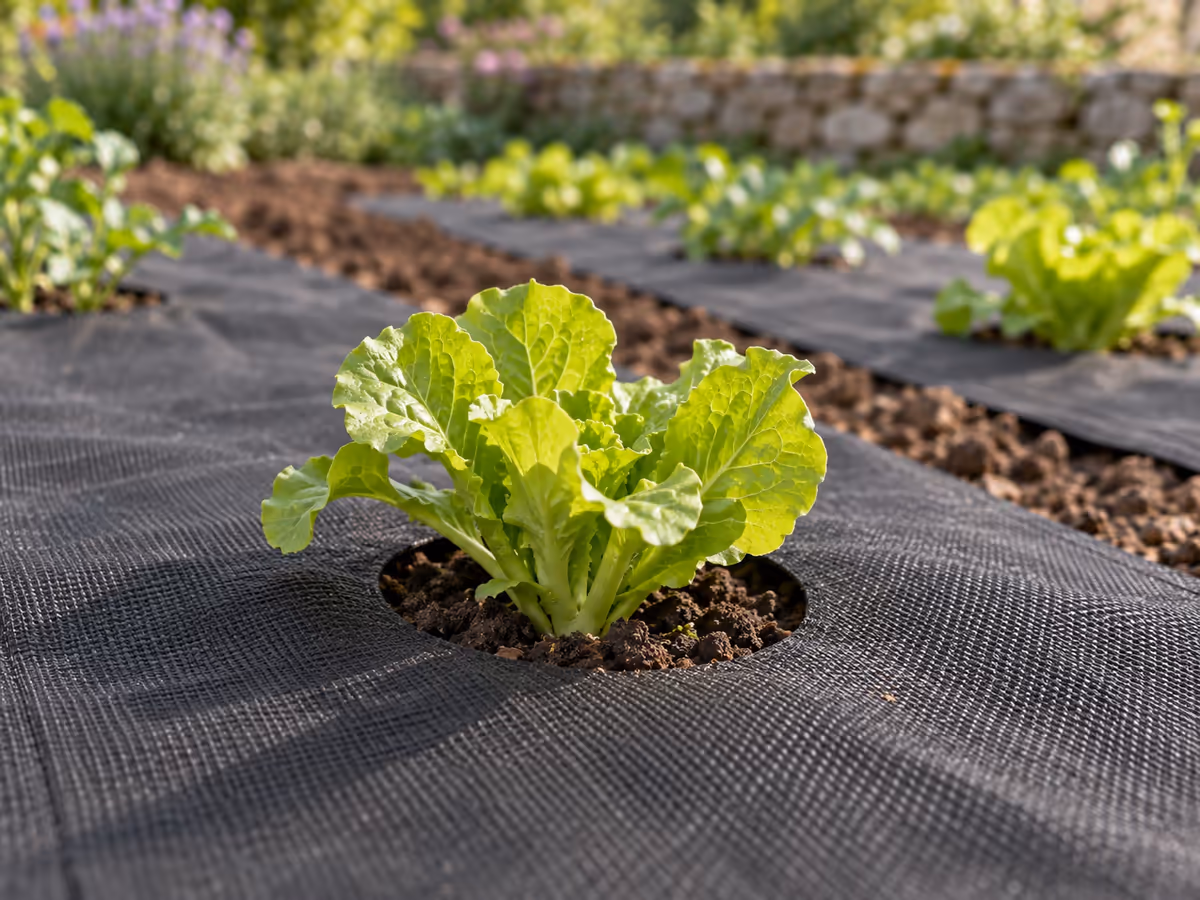 Gros plan d'un jeune plant de salade installé dans un trou de plantation d'une toile noire