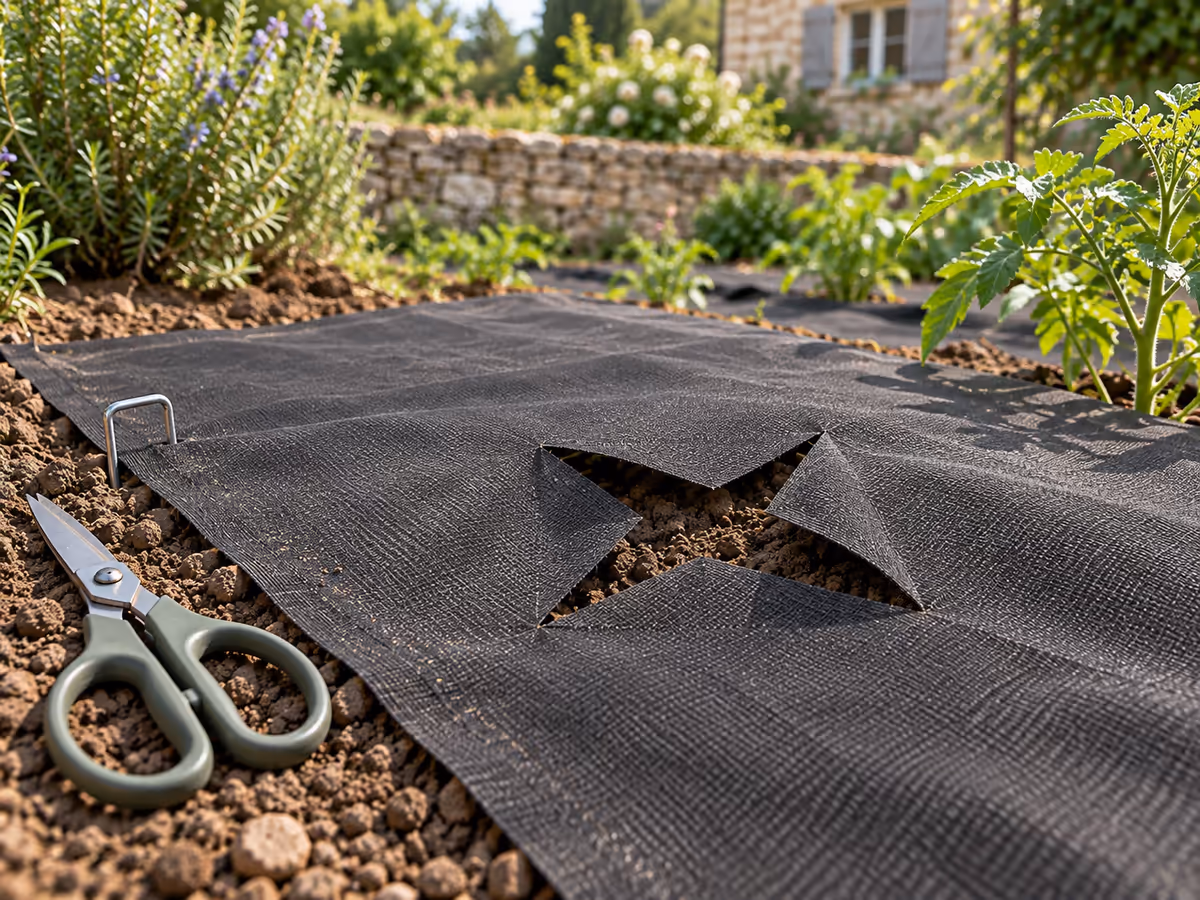 Croix incisée dans une toile de paillage noire, ciseaux de jardin posés à côté sur la terre