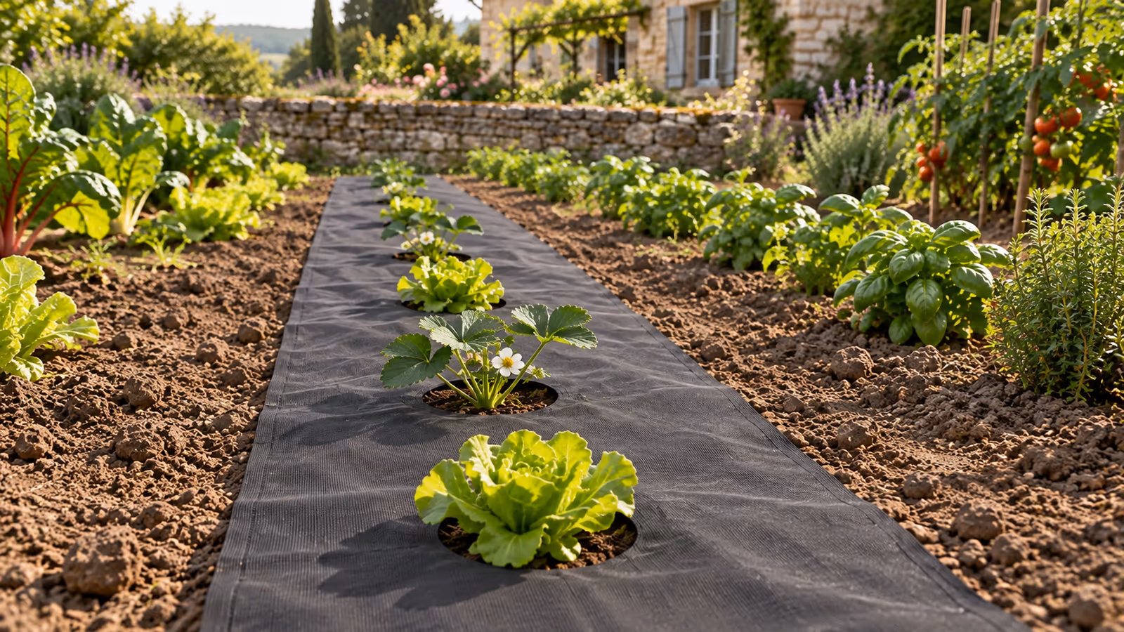 Rang de jeunes salades plantées dans les trous réguliers d'une toile de paillage noire au potager