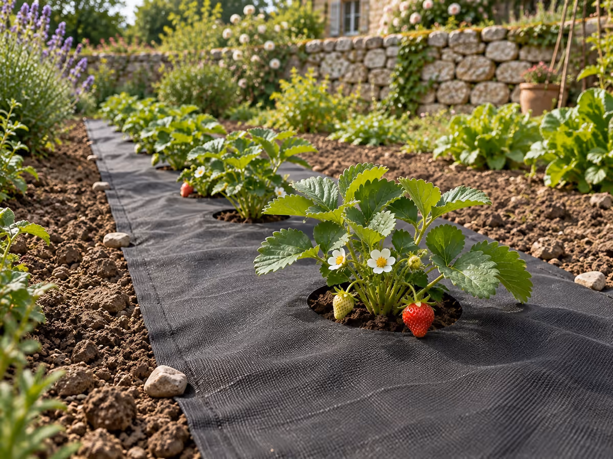 Fraisiers en rang plantés dans les trous réguliers d'une toile de paillage noire