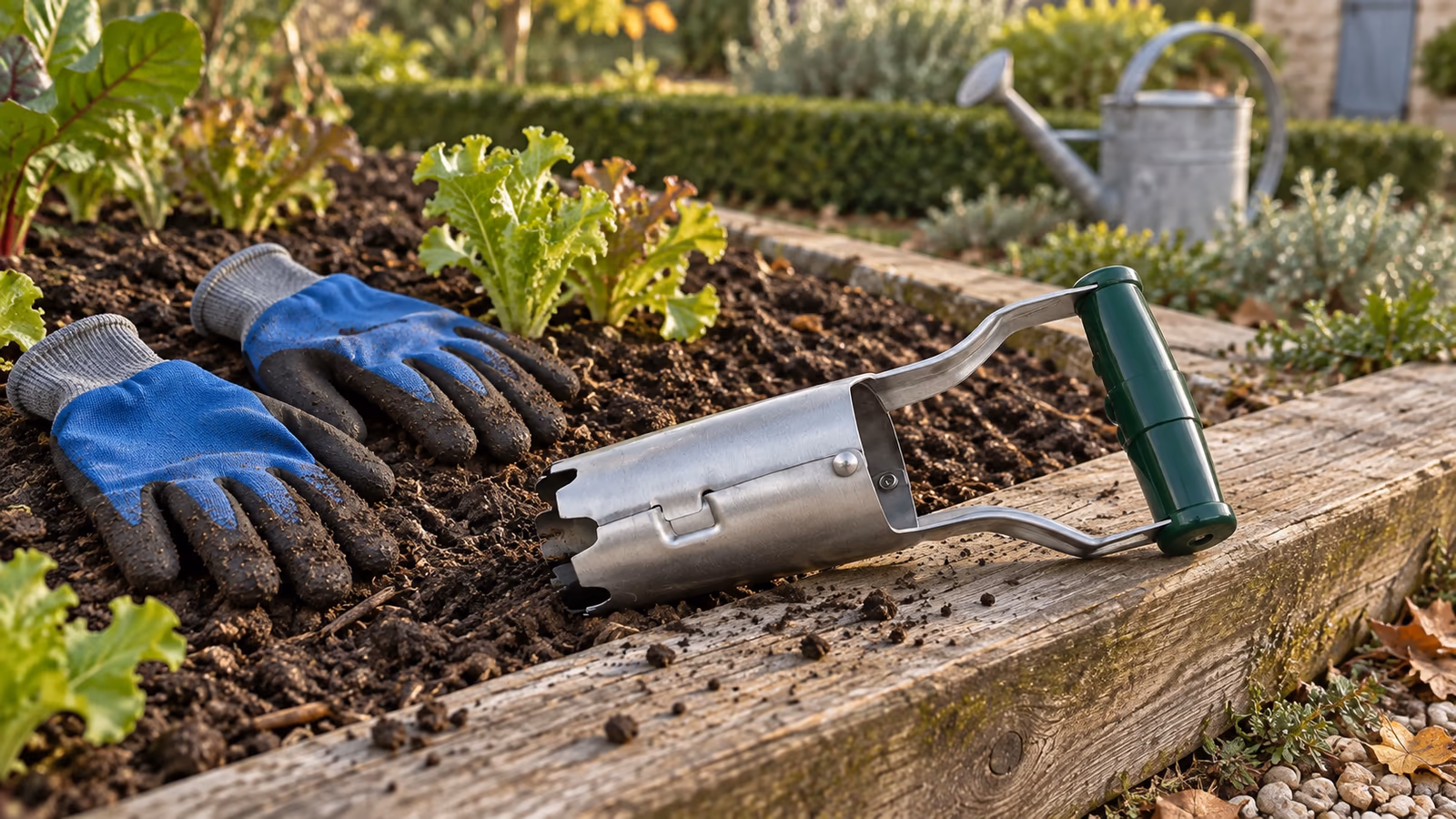 Transplantoir à tube en tôle d'acier posé à plat sur le rebord en bois d'une planche de potager, gants de jardinage posés à côté