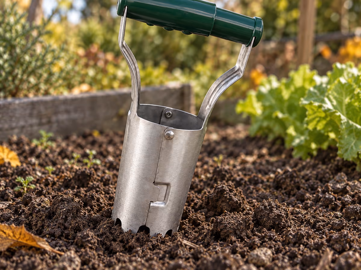 Bord denté d'un tube en tôle d'acier inoxydable posé sur une planche de potager ameublie, terre émiettée autour