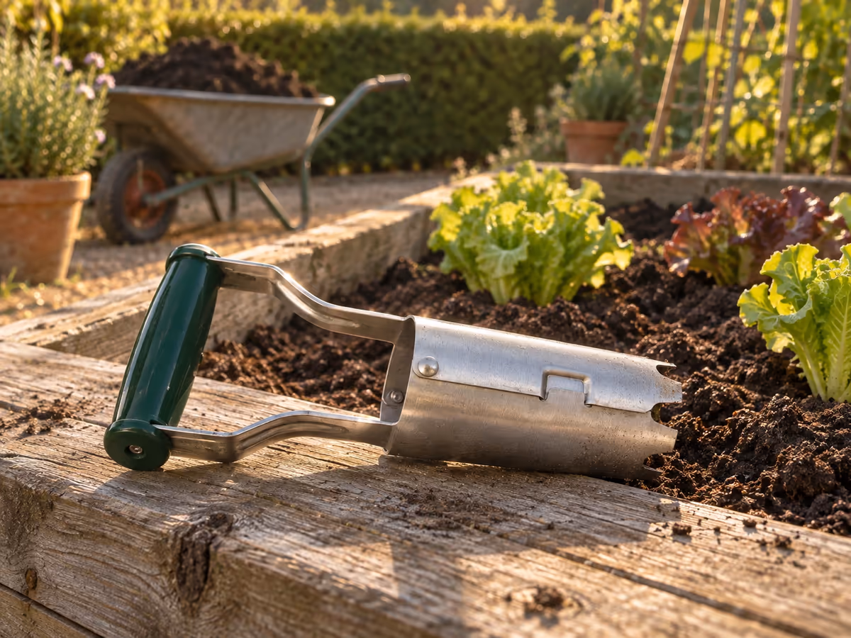 Transplantoir à tube couché sur le rebord d'une planche de potager, brouette de terre à l'arrière-plan, lumière de fin de journée