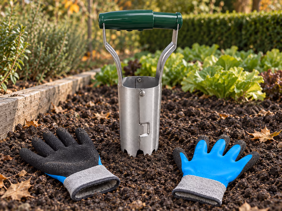 Traverse de poignée verte d'un transplantoir à tube enfoncé dans une planche ameublie, deux gants de jardinage posés à côté sur la terre