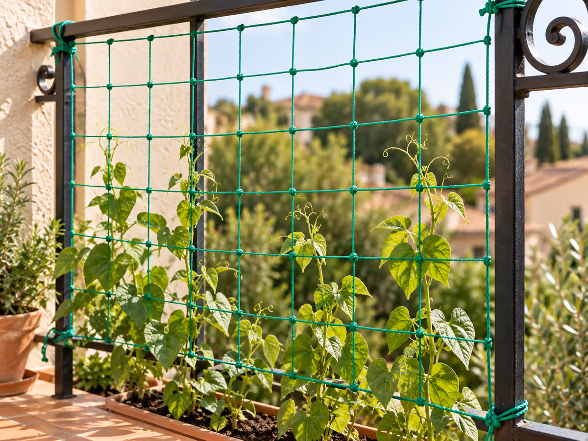 Filet vert à mailles carrées tendu le long d'une rambarde de balcon, jeunes plants de haricots grimpant dans les mailles