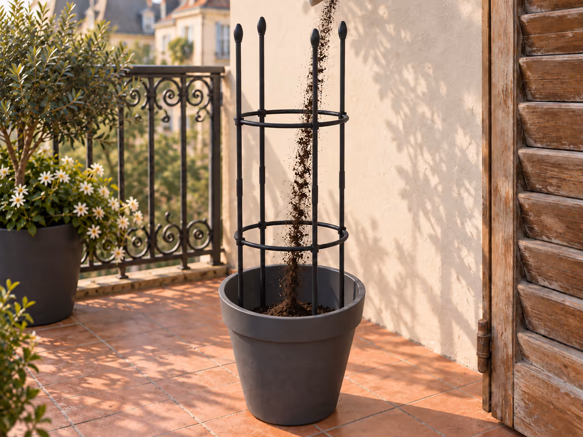 Tour treillis à quatre montants posée dans un pot vide avant remplissage, terreau versé autour des pieds, balcon en arrière-plan