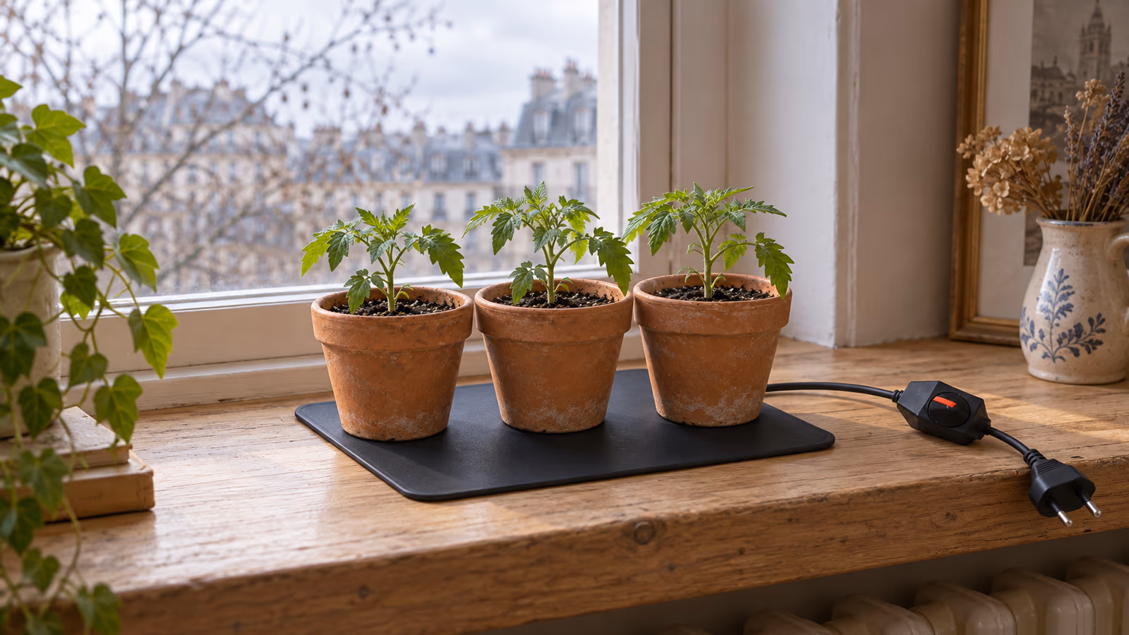 Coussin chauffant noir posé à plat sur un rebord de fenêtre, trois petits pots de semis alignés dessus, lumière grise d'hiver